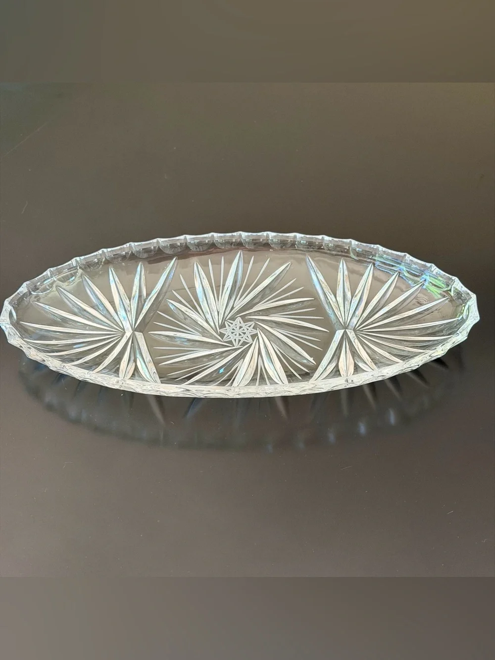 Vintage Clear Pressed Glass Starburst Pinwheel Oval Relish Dish Serving Tray